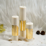 Set of 3 White Gold Pillar Candles - Cinnamon Roll Scented