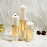 Set of 3 White Gold Pillar Candles - Cinnamon Roll Scented