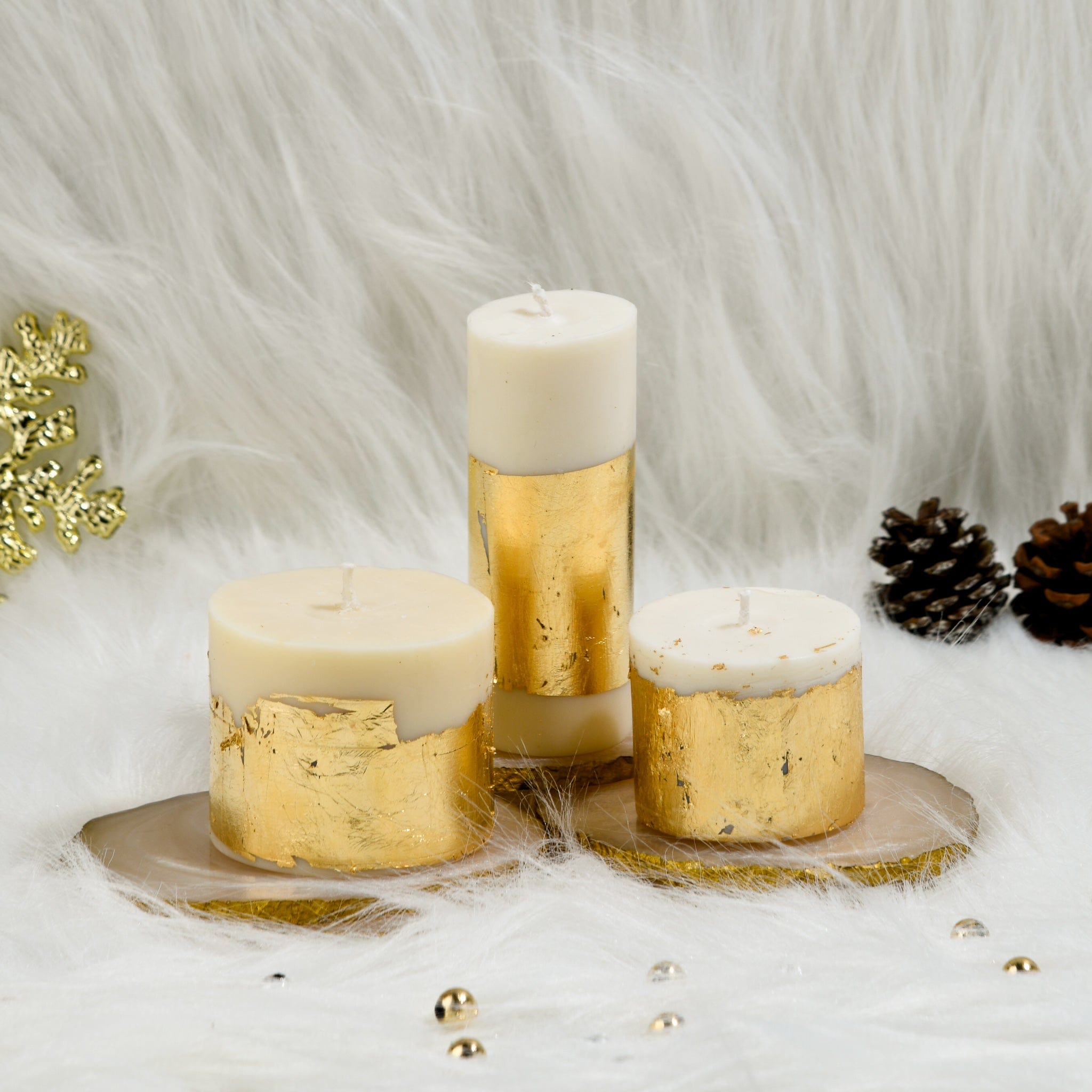 Joy - Set of 3 White Gold Pillar Candles - Cinnamon Roll Scented