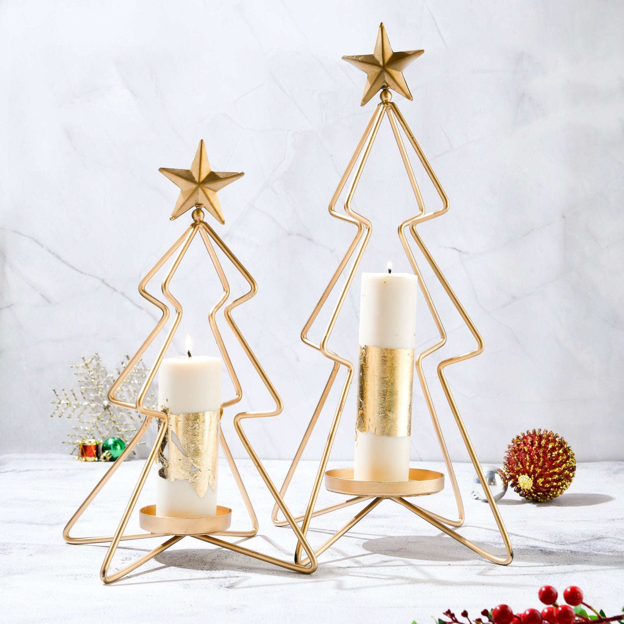 Set of 2 Christmas Tree Candle Stands with Free Scented Pillar Candles