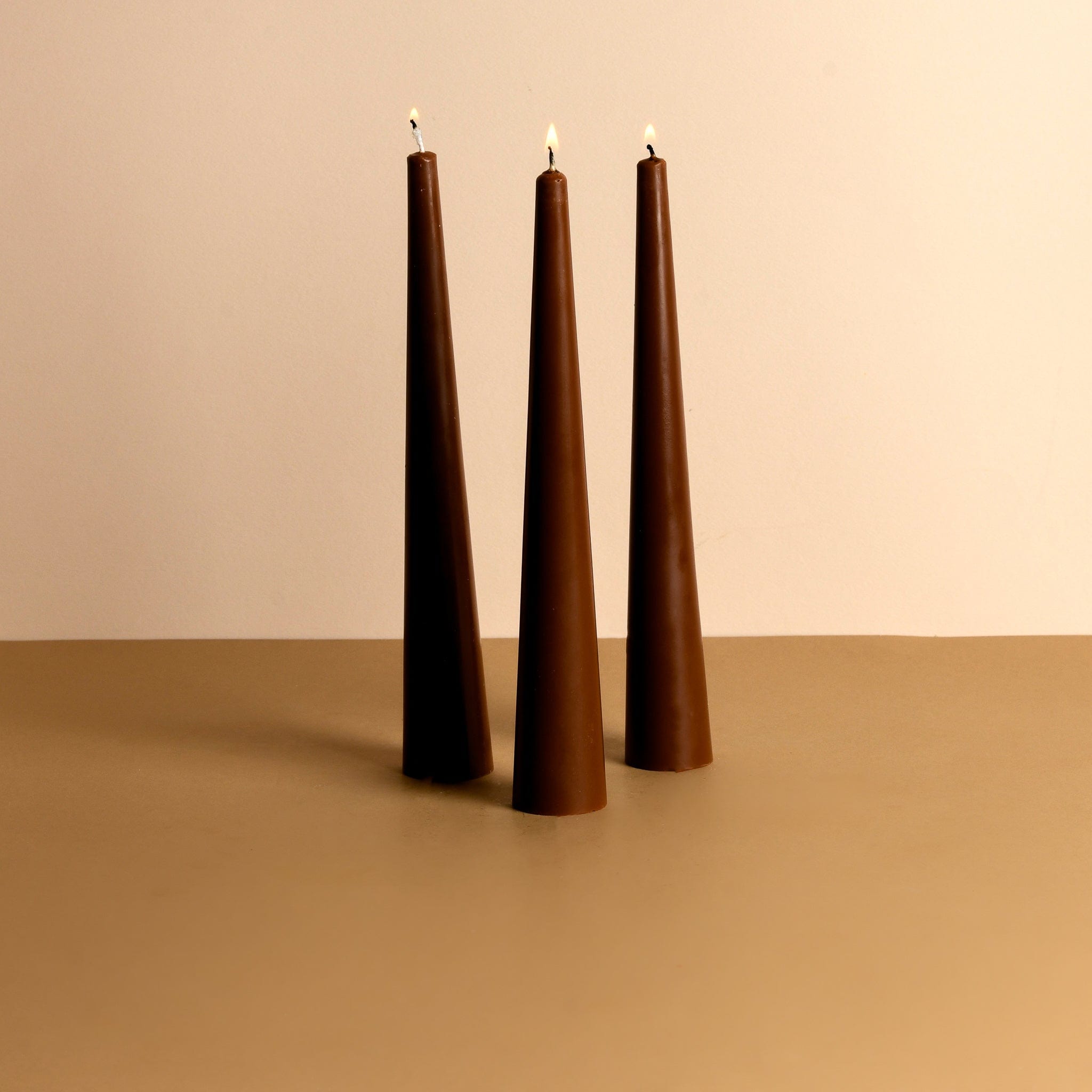 Set of 3 Chocolate Brown 10" Conical Candles - Tarte au Chocolat Scented